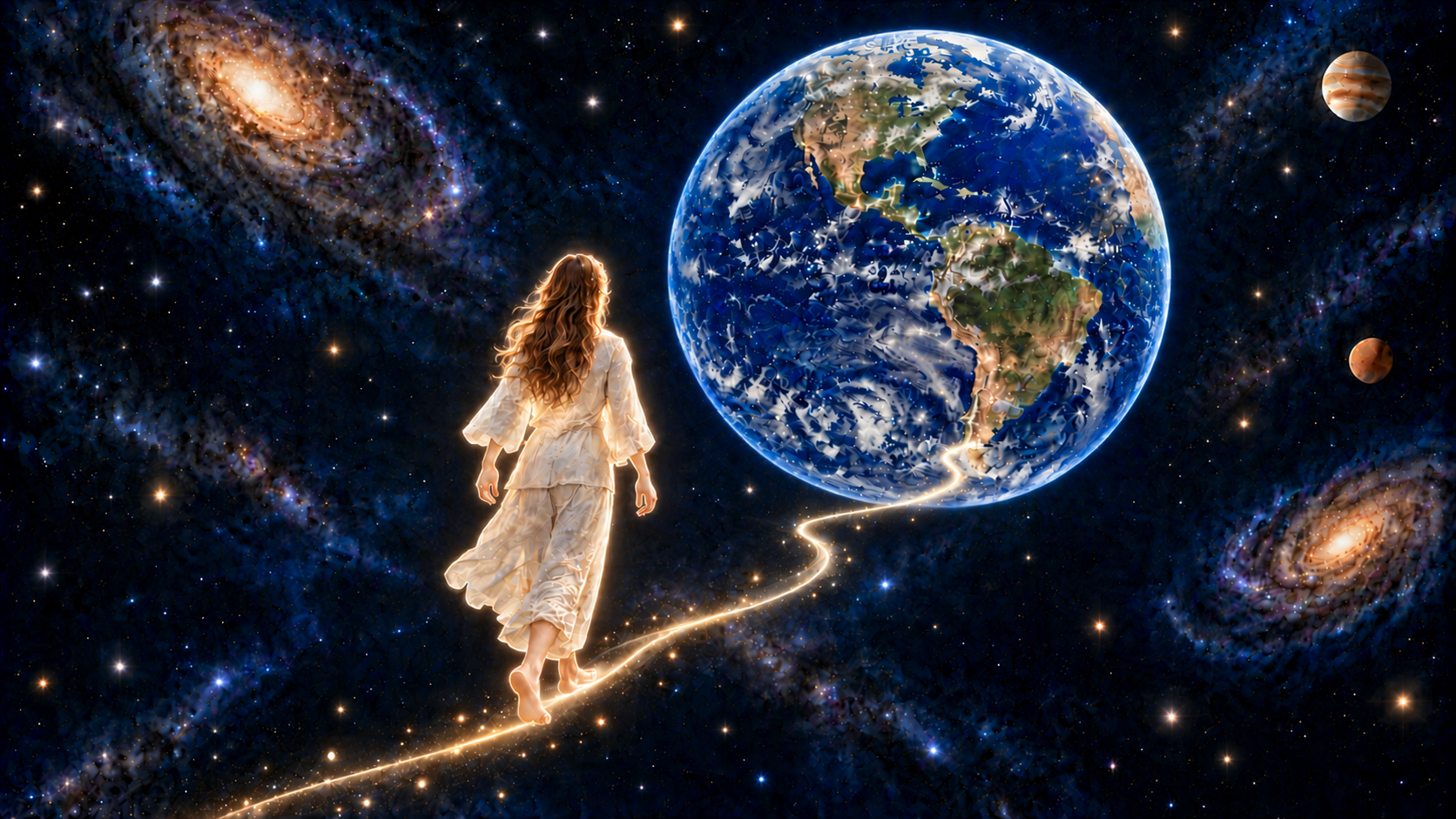 Une femme marche sur un chemin lumineux vers la Terre dans un paysage cosmique