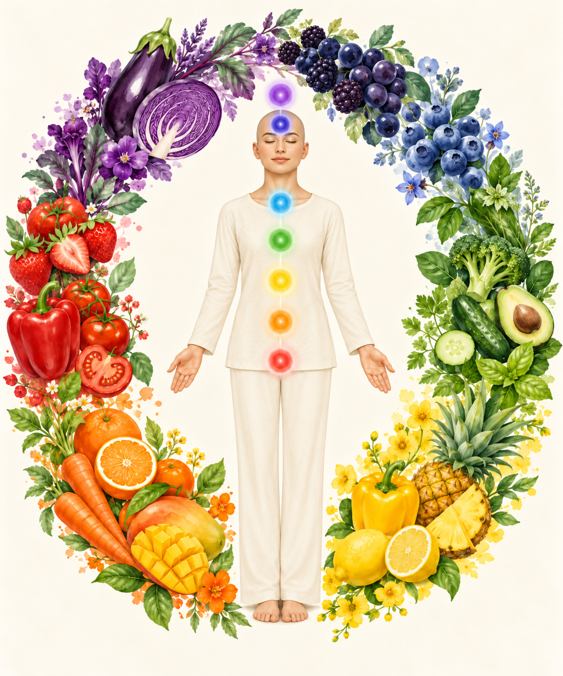 Une personne entourée des sept chakras et d’un cercle de fruits, de légumes et de fleurs aux couleurs des chakras