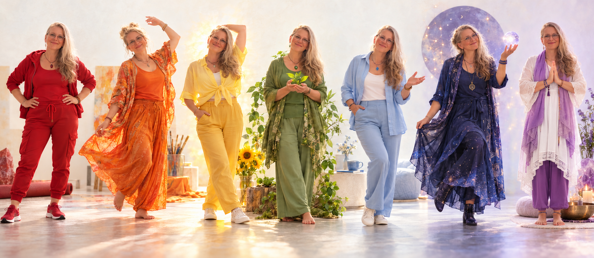 La même femme porte successivement des vêtements rouges, orange, jaunes, verts, bleus, indigo et violets au fil des sept jours