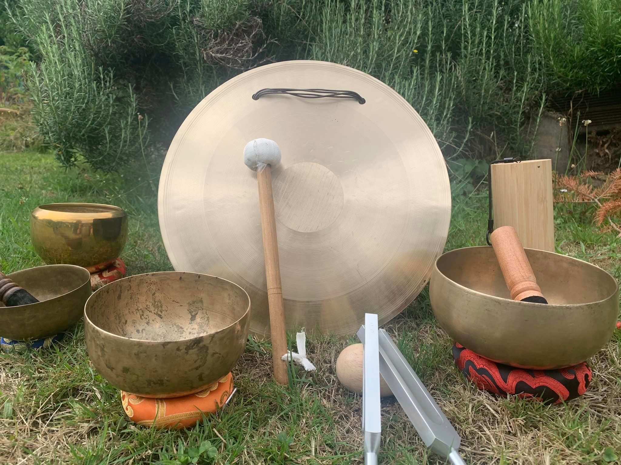 Gong, bols tibétains et diapasons installés dans un jardin