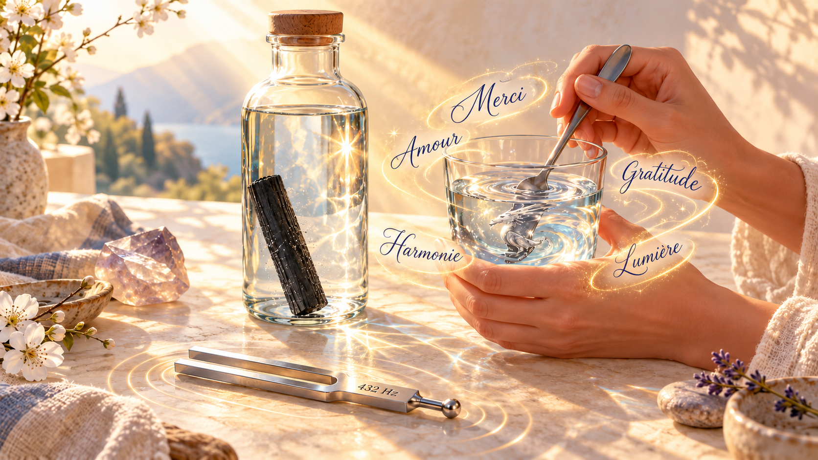 Bouteille en verre avec charbon, verre d’eau en vortex, diapason 432 Hz, lumière solaire et mots de gratitude