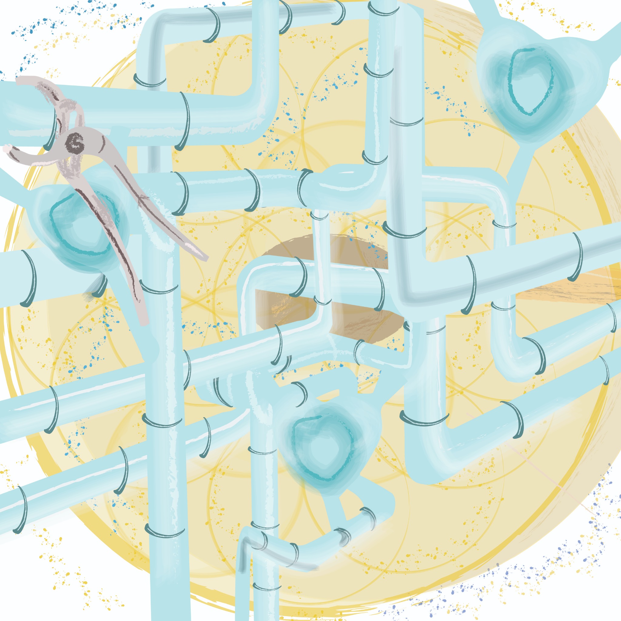 Un réseau complexe de tuyaux aux nombreux angles, illustrant le parcours de l’eau