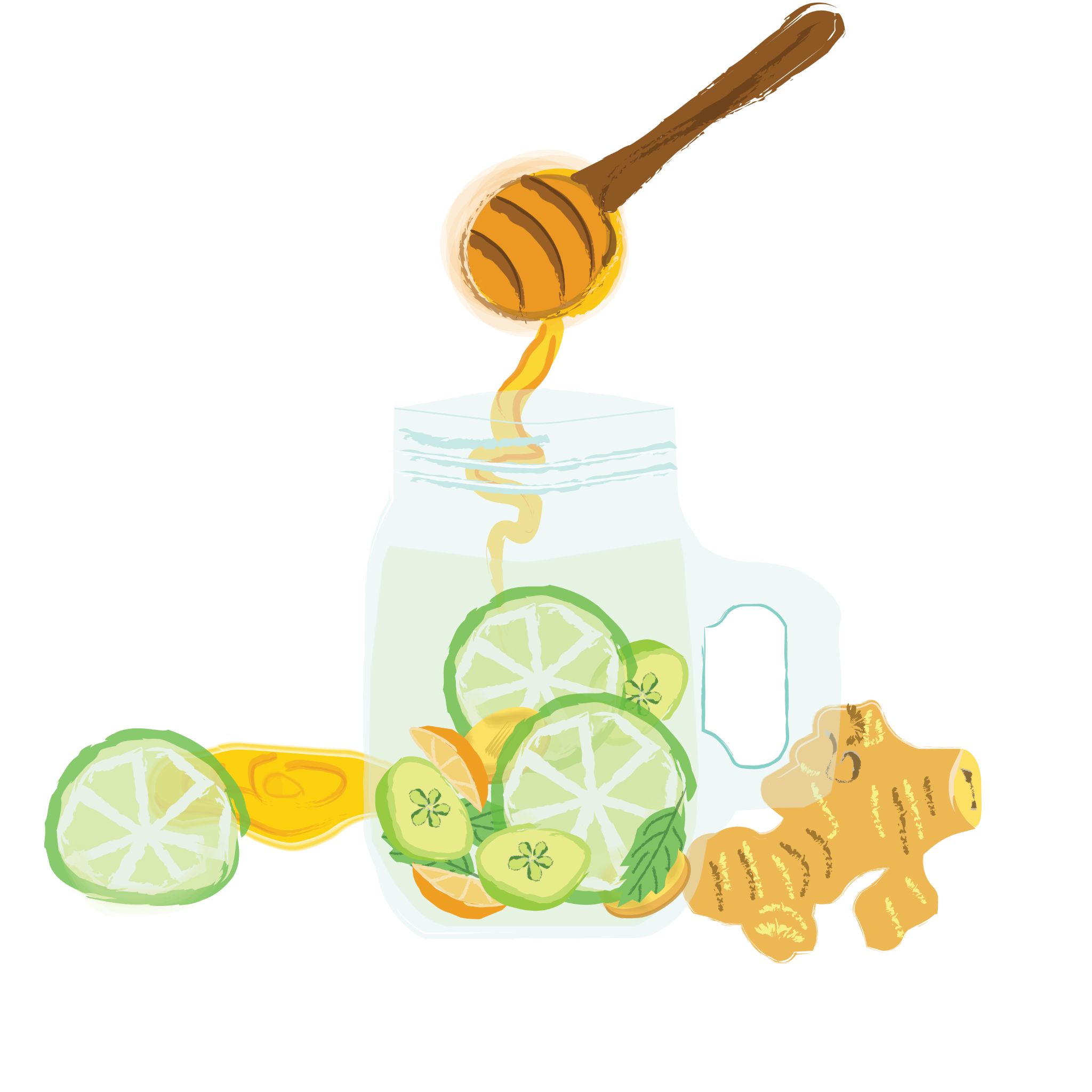Une carafe d’eau aromatisée avec du citron vert, du concombre, du gingembre, de la menthe et du miel